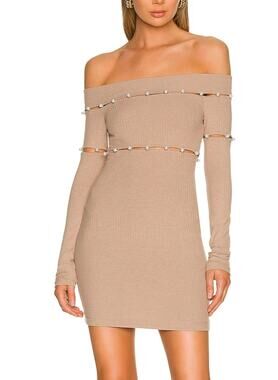 H:ours Beige Bodycon Mini Dress SMALL Cocktail Off Shoulder Designer $204 NEW